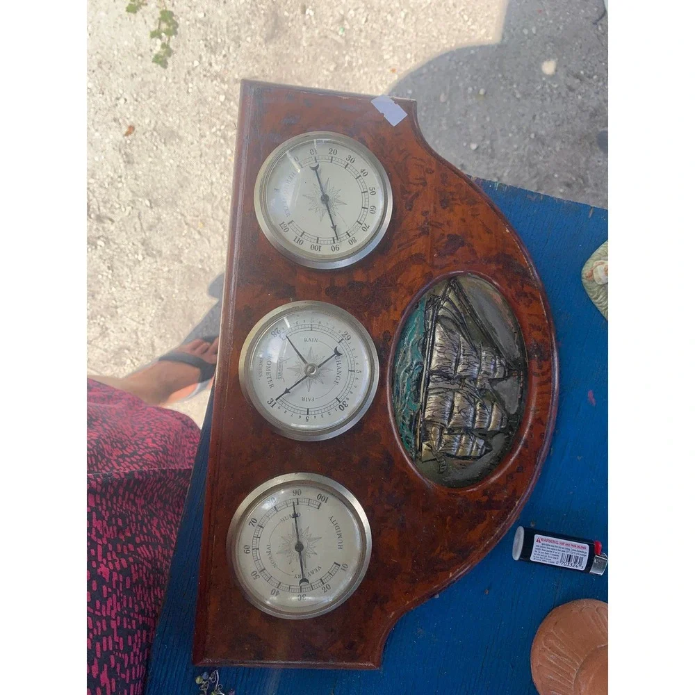 Vintage Springfield Nautical Weather Station Barometer Thermometer Clipper Ship